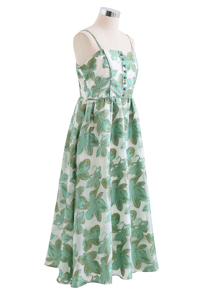 Green Leaves Jacquard Shirred Cami Dress - Retro, Indie and Unique Fashion