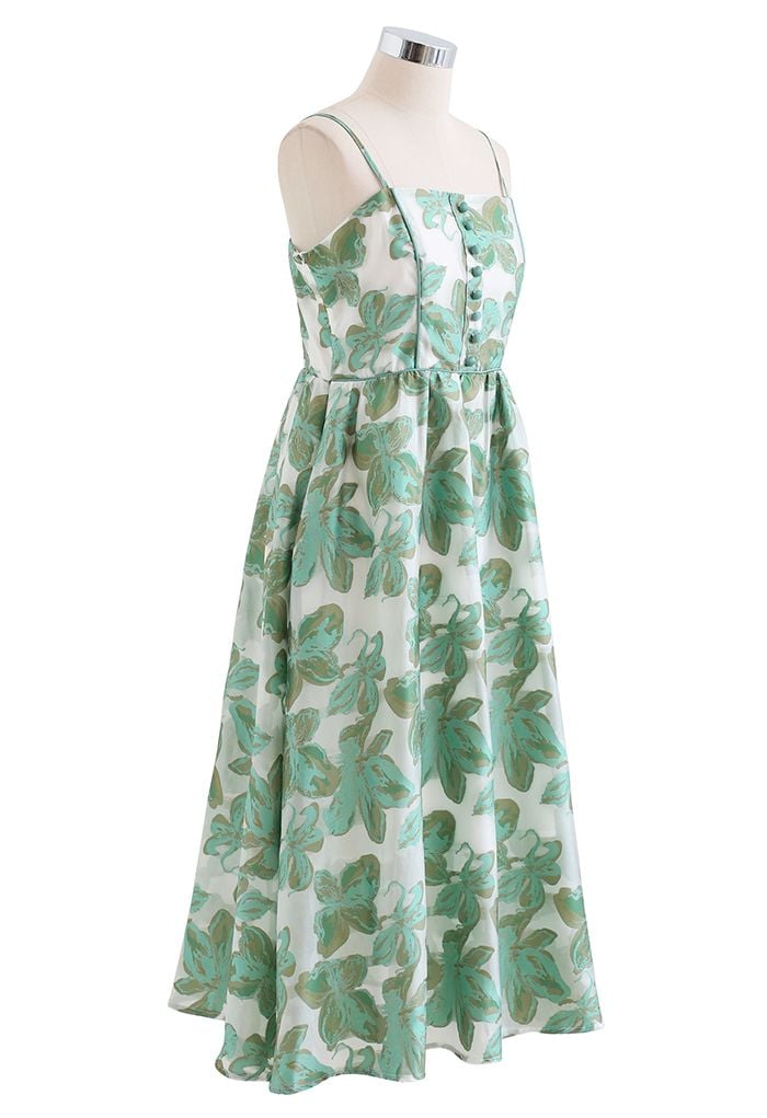 Green Leaves Jacquard Shirred Cami Dress