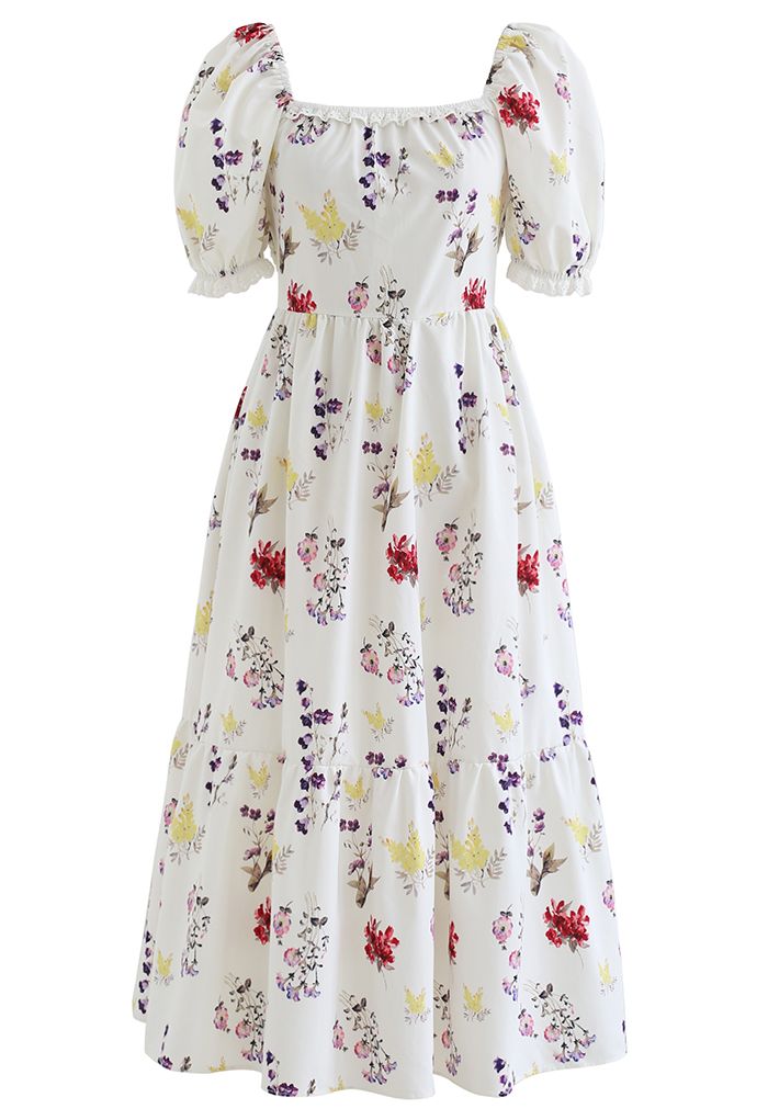 Floral Shirred Square Neck Midi Dress