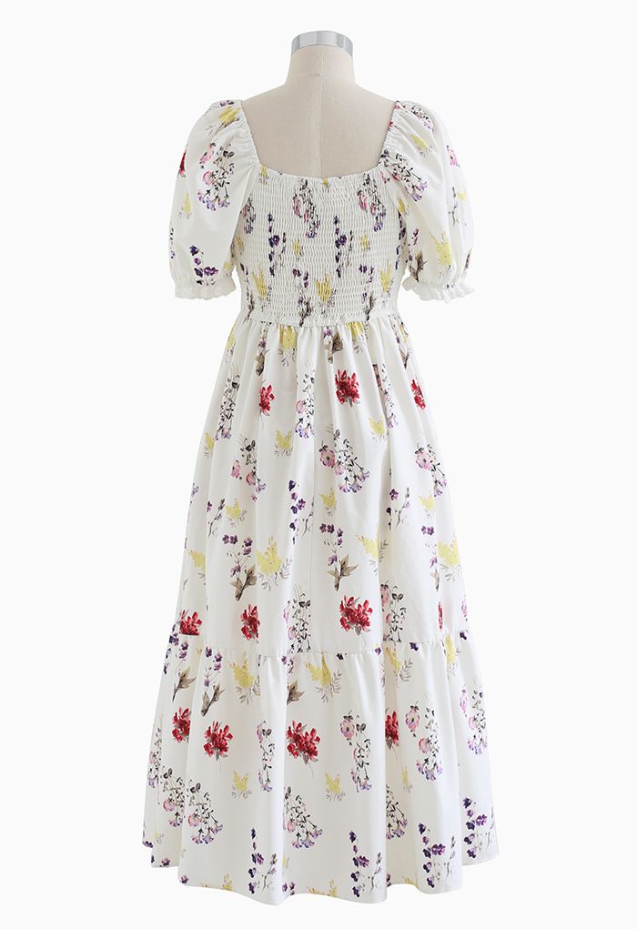 Floral Shirred Square Neck Midi Dress