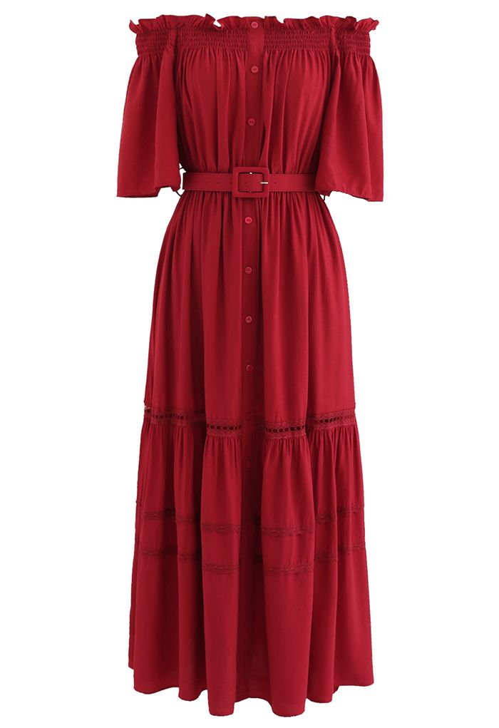 Off-Shoulder Ruffle Trim Belted Dress in Red