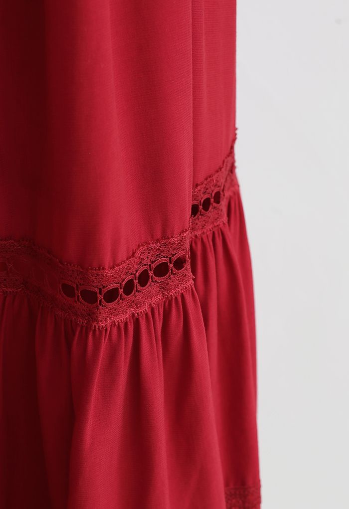 Off-Shoulder Ruffle Trim Belted Dress in Red