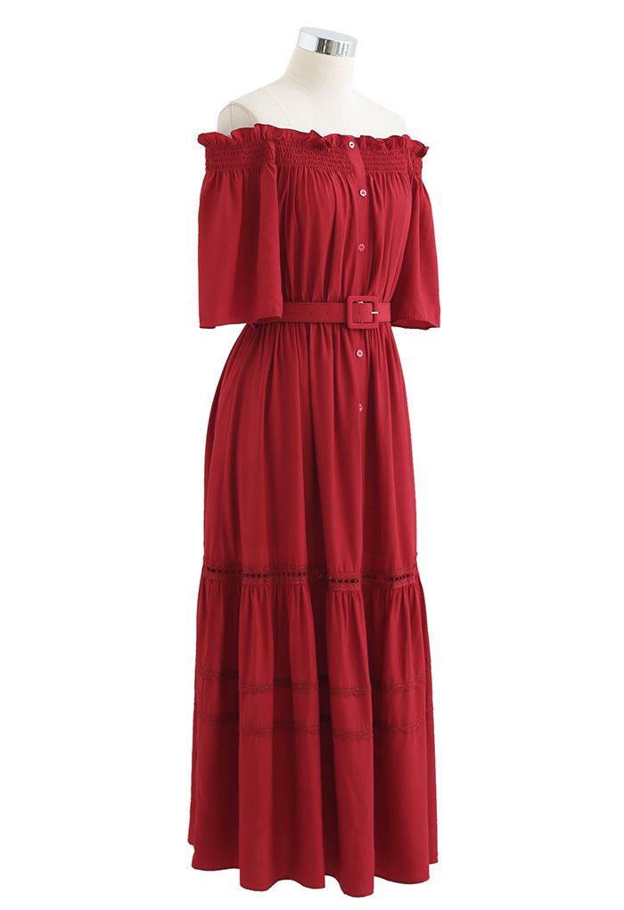 Off-Shoulder Ruffle Trim Belted Dress in Red