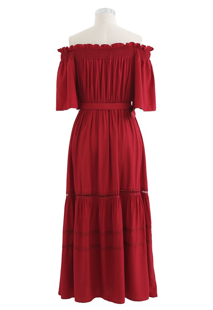 Off-Shoulder Ruffle Trim Belted Dress in Red