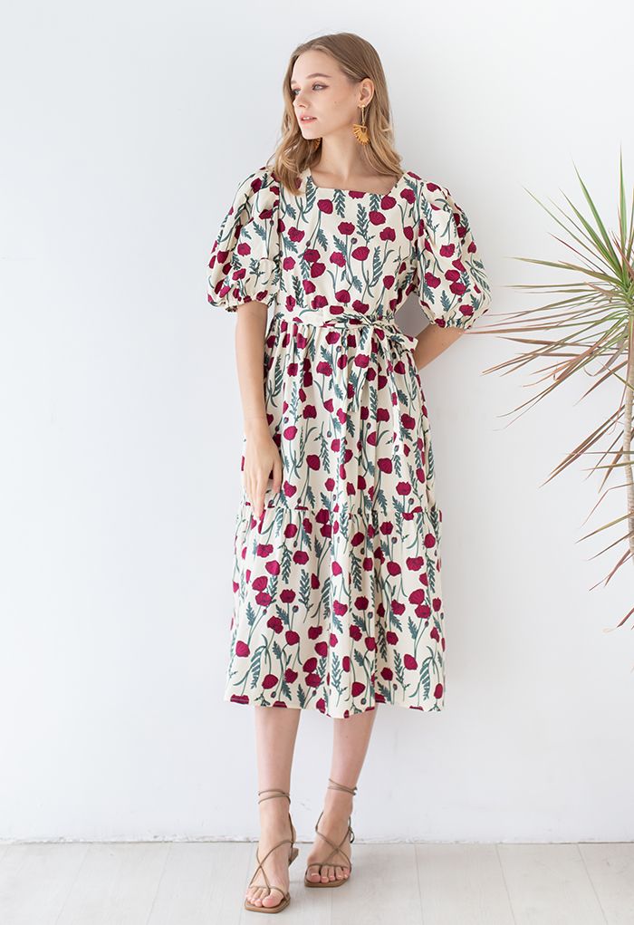 Rose Bouquet Puff Sleeve Midi Dress - Retro, Indie and Unique Fashion