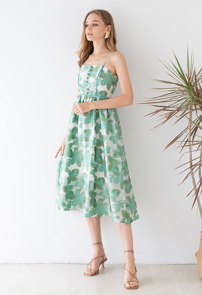 Green Leaves Jacquard Shirred Cami Dress