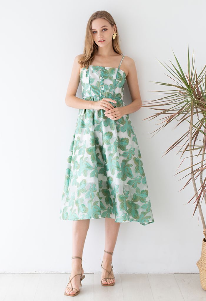 Green Leaves Jacquard Shirred Cami Dress