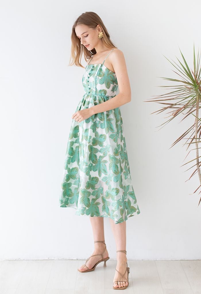 Green Leaves Jacquard Shirred Cami Dress