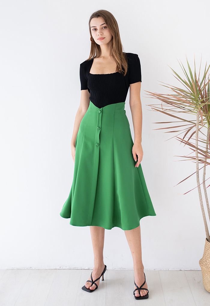 Buttons Trim High Waist Flare Midi Skirt in Green - Retro, Indie