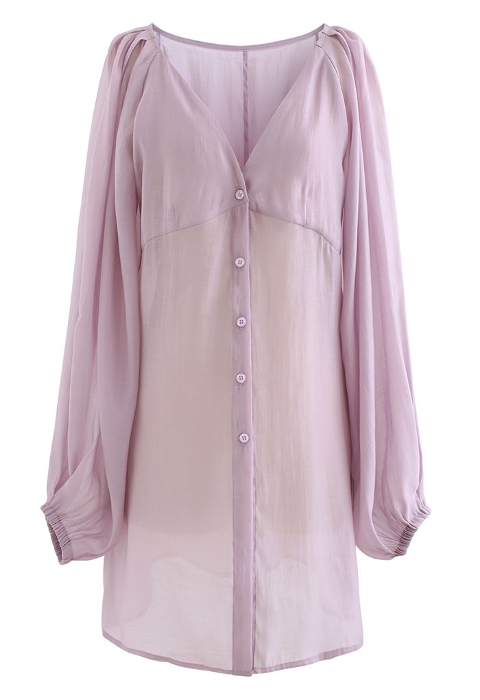 Semi-Sheer Puff Sleeve Longline Shirt in Violet