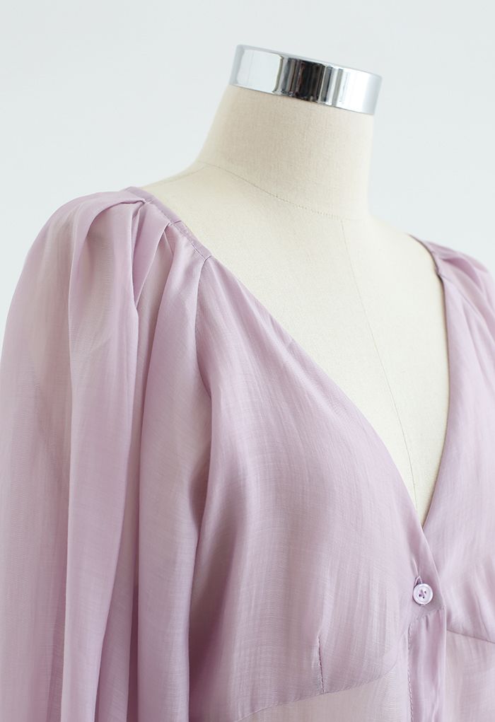 Semi-Sheer Puff Sleeve Longline Shirt in Violet