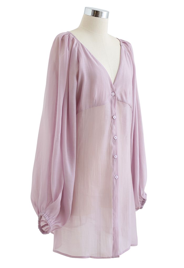 Semi-Sheer Puff Sleeve Longline Shirt in Violet