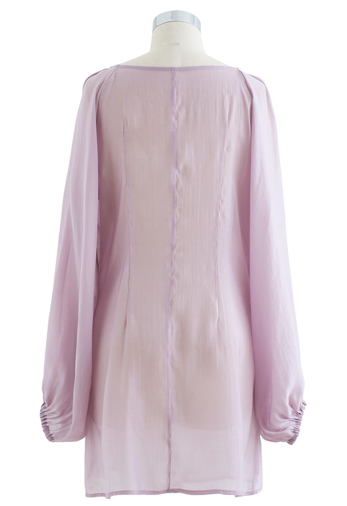 Semi-Sheer Puff Sleeve Longline Shirt in Violet