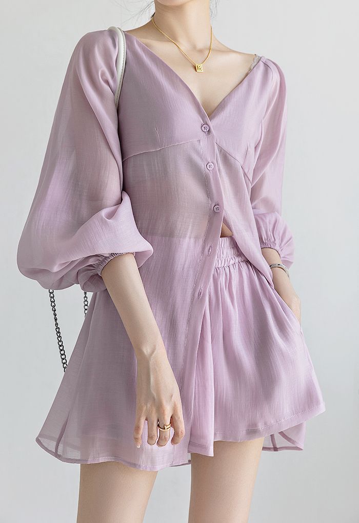 Semi-Sheer Puff Sleeve Longline Shirt in Violet