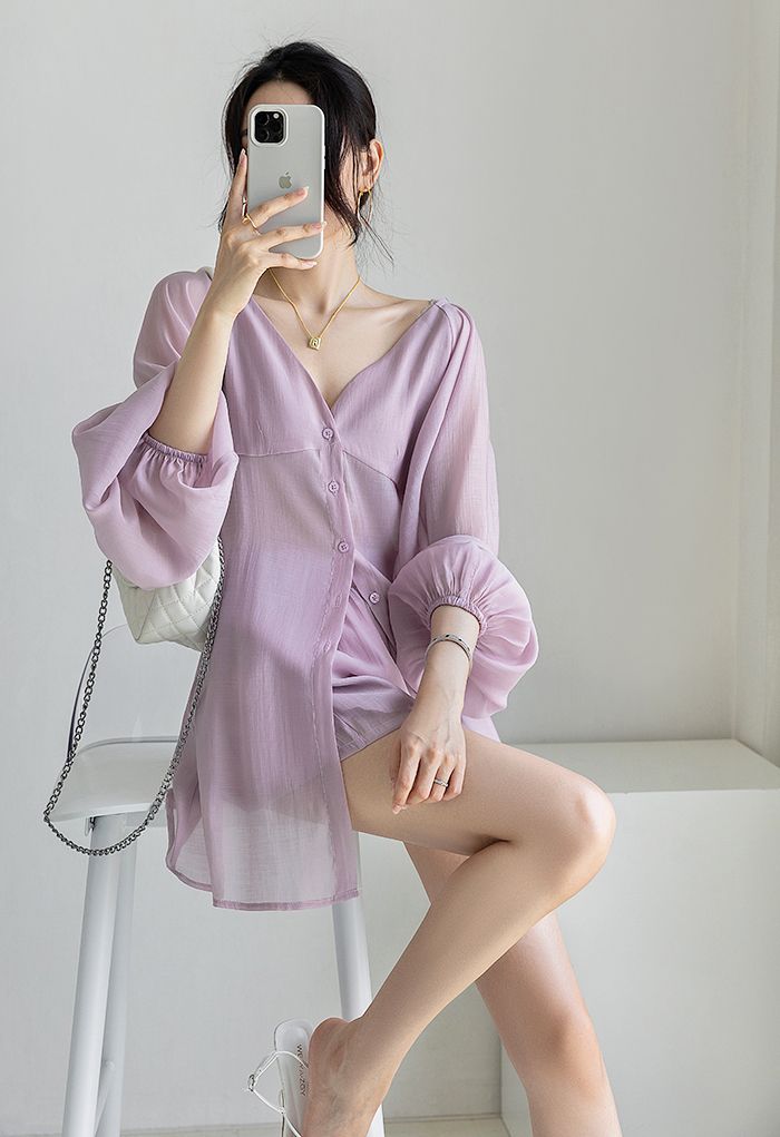 Semi-Sheer Puff Sleeve Longline Shirt in Violet