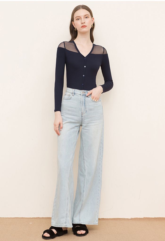 Button Down V-Neck Tulle Ribbed Top