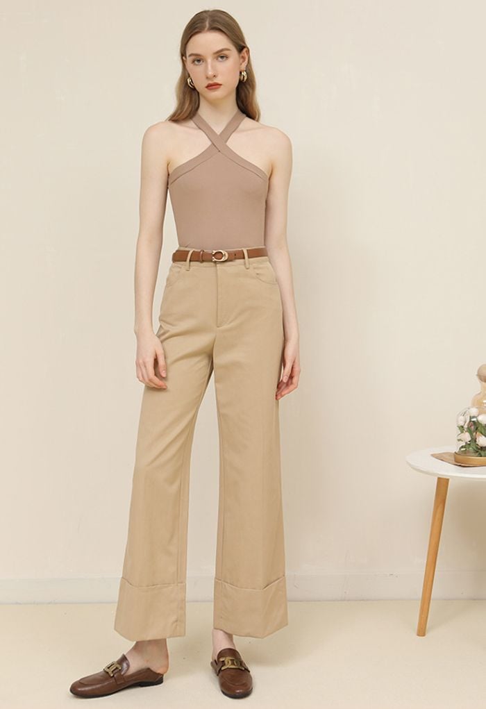 Crisscross Halter Neck Cropped Top in Camel