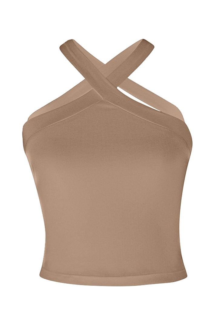 Crisscross Halter Neck Cropped Top in Camel