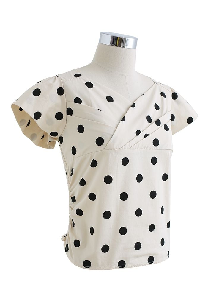 Polka Dot Shirred Wrap Cotton Top