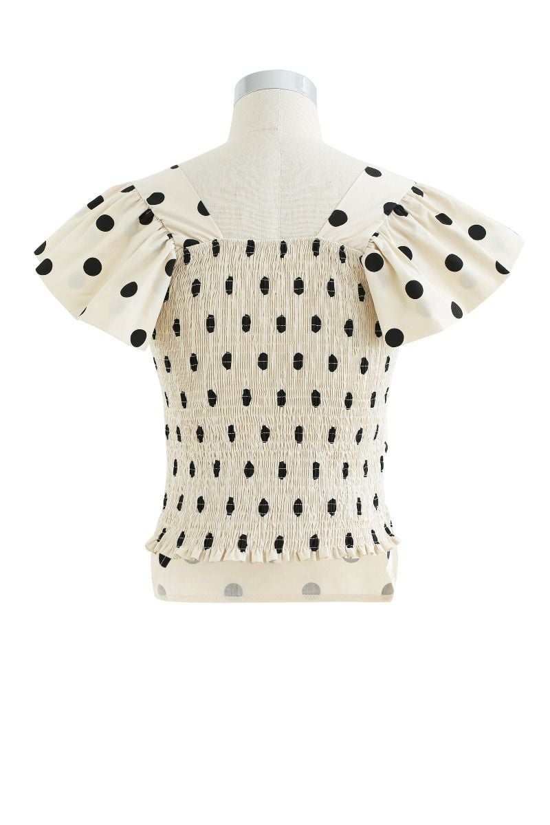 Polka Dot Shirred Wrap Cotton Top