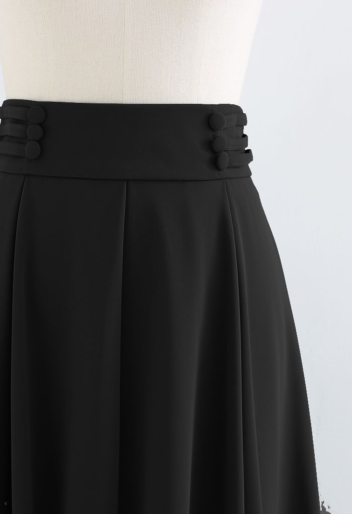 Button Trim Waist Flare Midi Skirt in Black - Retro, Indie and Unique ...
