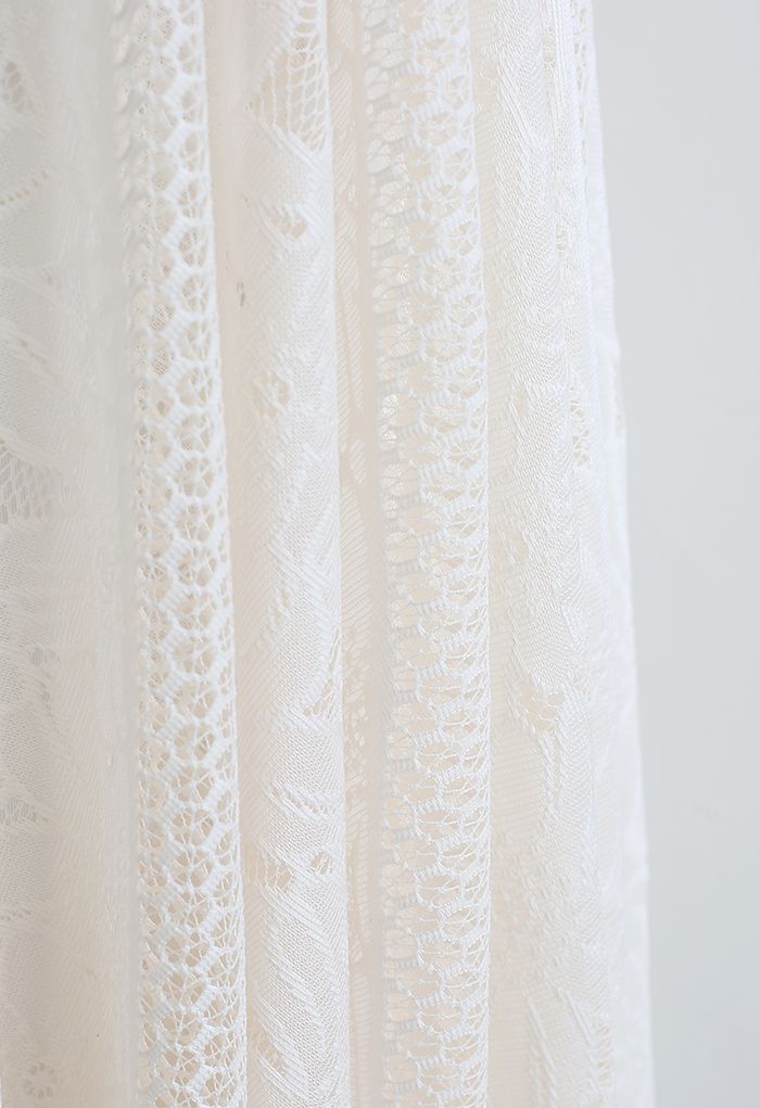 Honeycomb Eyelet Floral Lace Midi Skirt in Cream