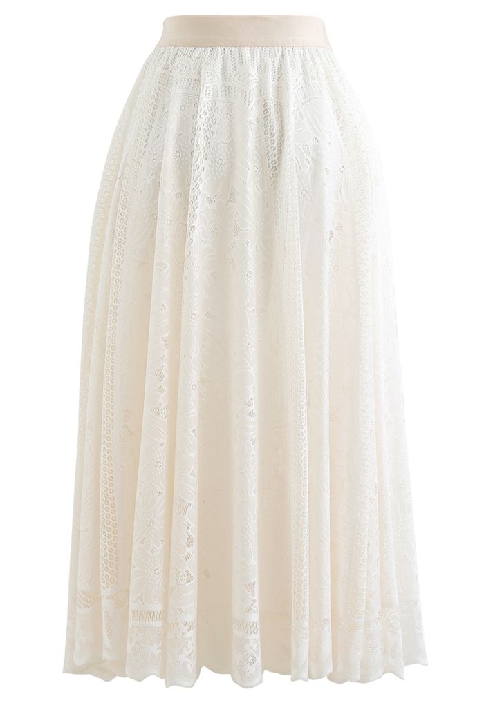 Honeycomb Eyelet Floral Lace Midi Skirt in Cream