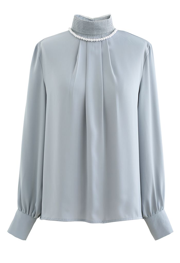 Necklace Mock Neck Satin Shirt in Dusty Blue - Retro, Indie and Unique ...