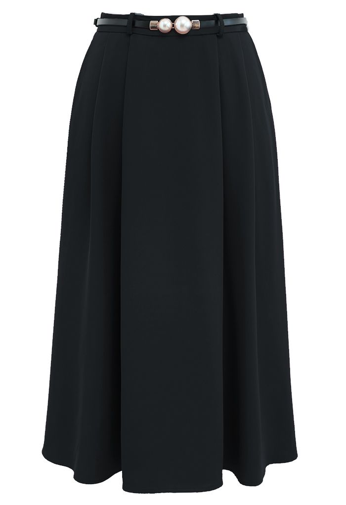 Neat Design Side Pocket Flare Midi Skirt in Black