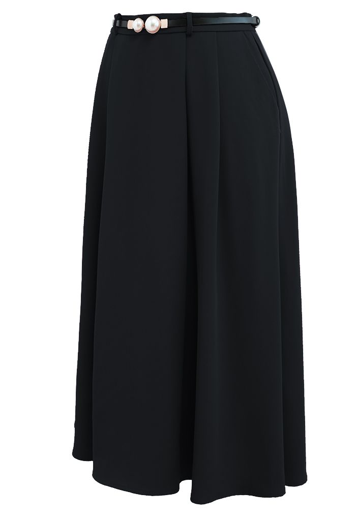 Neat Design Side Pocket Flare Midi Skirt in Black