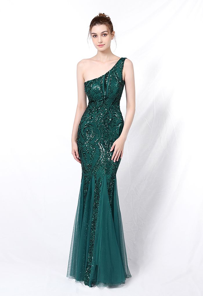 One-Shoulder Floral Lattice Sequined Mesh Gown in Emerald