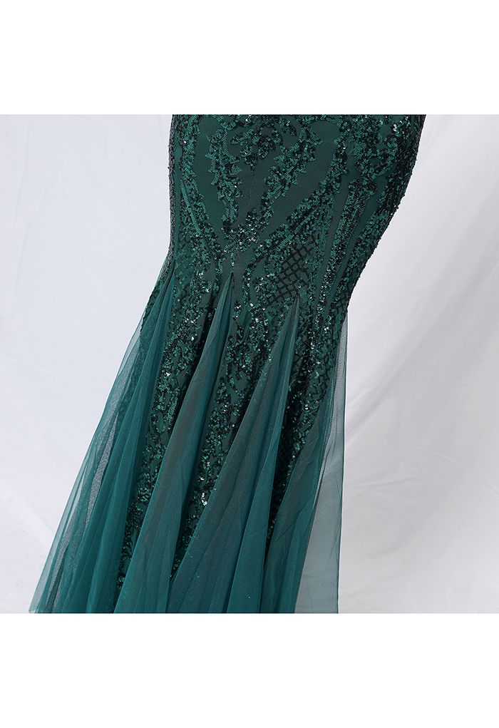 One-Shoulder Floral Lattice Sequined Mesh Gown in Emerald