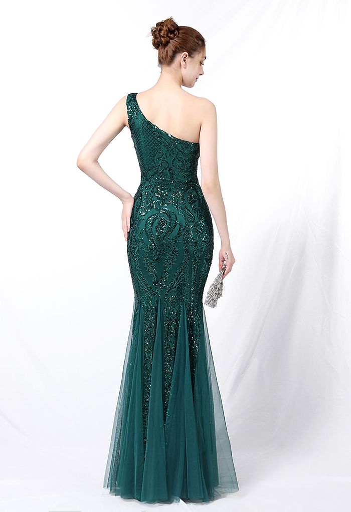 One-Shoulder Floral Lattice Sequined Mesh Gown in Emerald