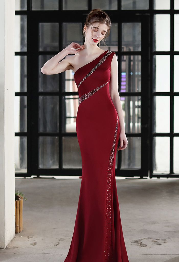One-Shoulder Colorful Sequin Bodycon Gown in Burgundy - Retro, Indie ...