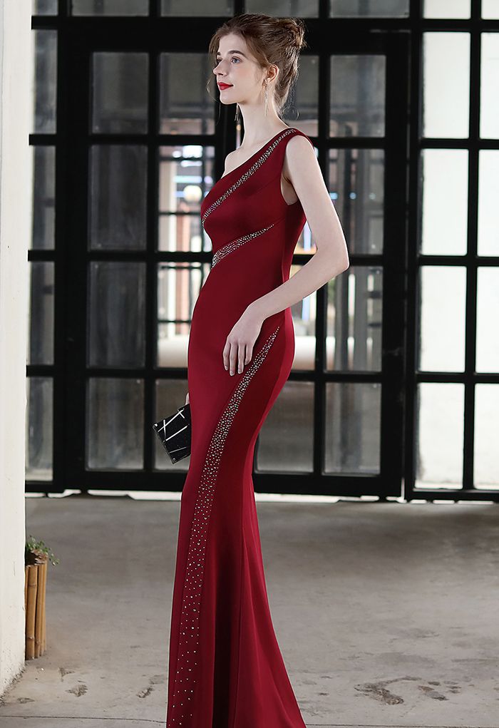 One-Shoulder Colorful Sequin Bodycon Gown in Burgundy - Retro, Indie ...