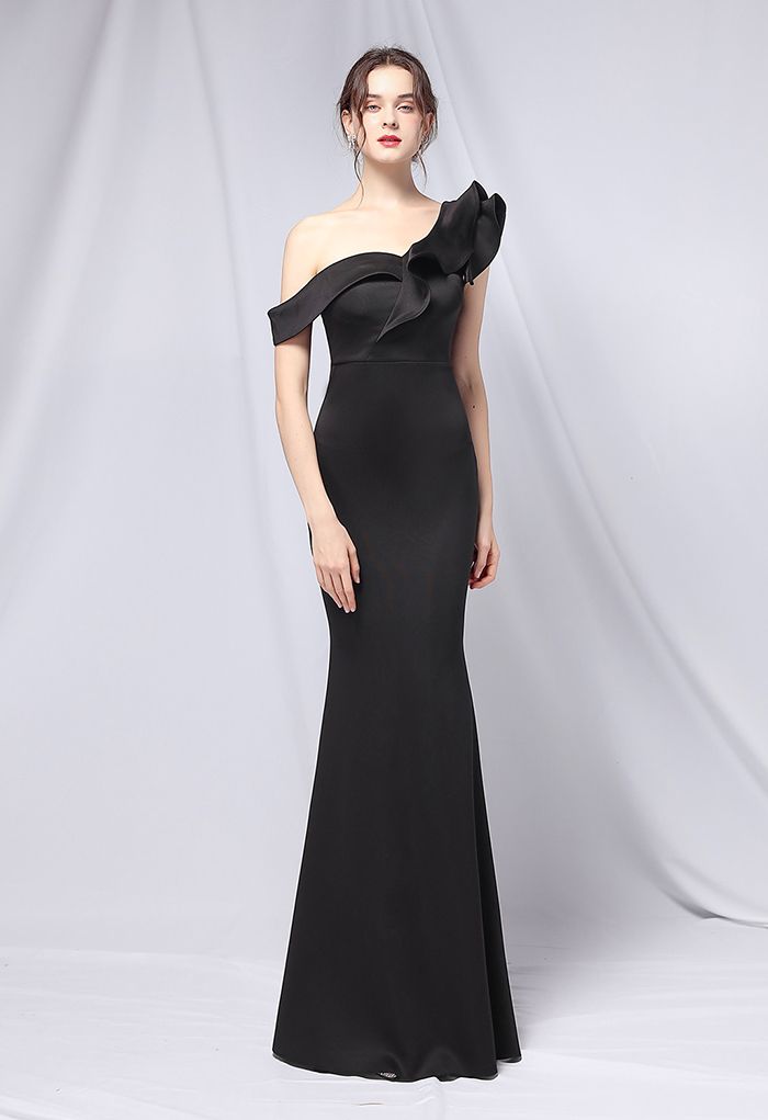 Ruffle One-Shoulder Mermaid Satin Gown in Black - Retro, Indie and ...