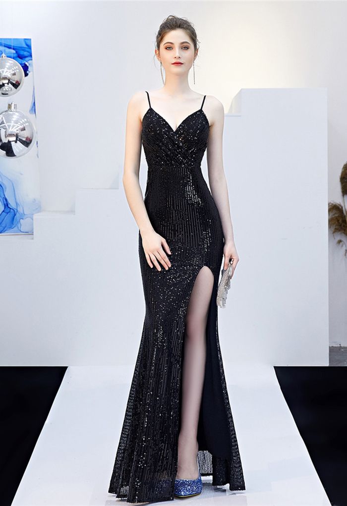 Split Side Sequined Wrap Cami Gown in Black - Retro, Indie and Unique ...