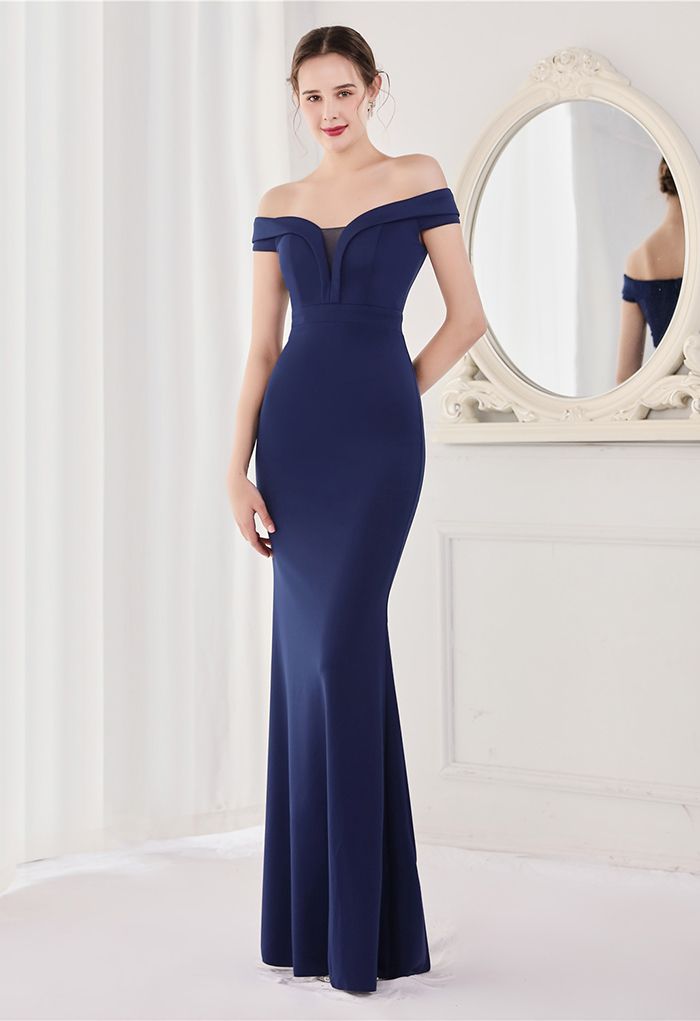 Off-Shoulder Mesh Inserted Satin Gown in Navy - Retro, Indie and Unique ...