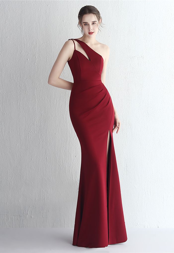 Cutout One-Shoulder Split Gown in Burgundy - Retro, Indie and Unique ...