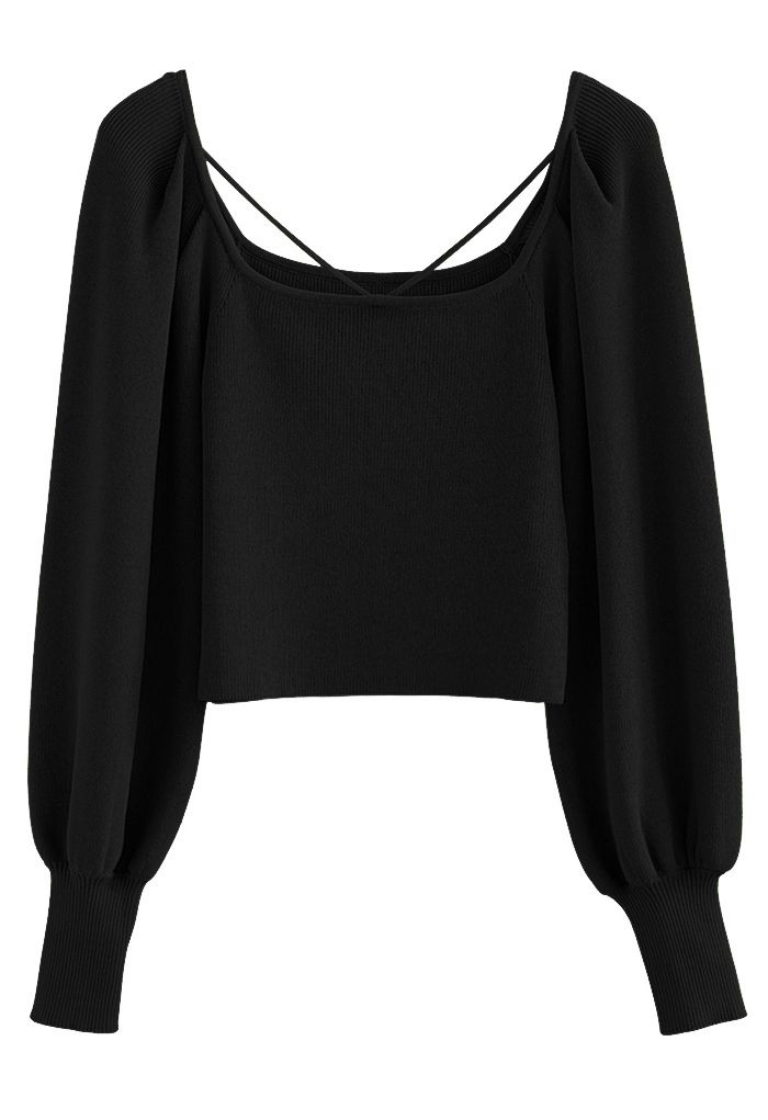 Cutout V-Neck Puff Sleeves Crop Knit Top in Black - Retro, Indie and ...