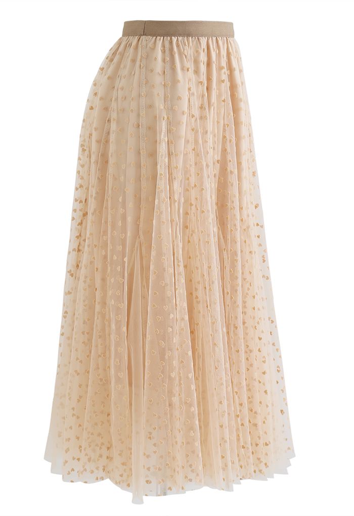Little Heart Panelled Mesh Frilling Skirt in Apricot - Retro, Indie and ...