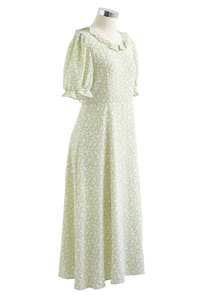 Ruffle Trim Lace-Up Back Floral Dress in Pea Green - Retro, Indie and ...