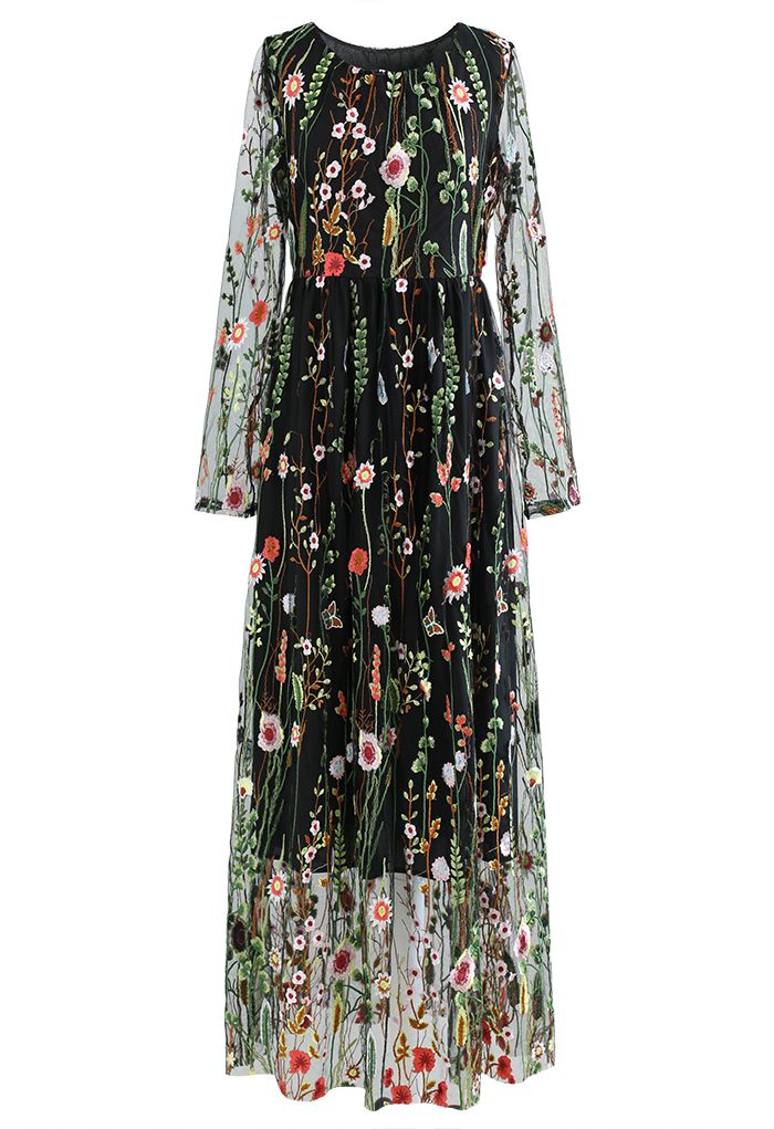 Lost in Flowering Fields Embroidered Mesh Maxi Dress in Black - Retro ...