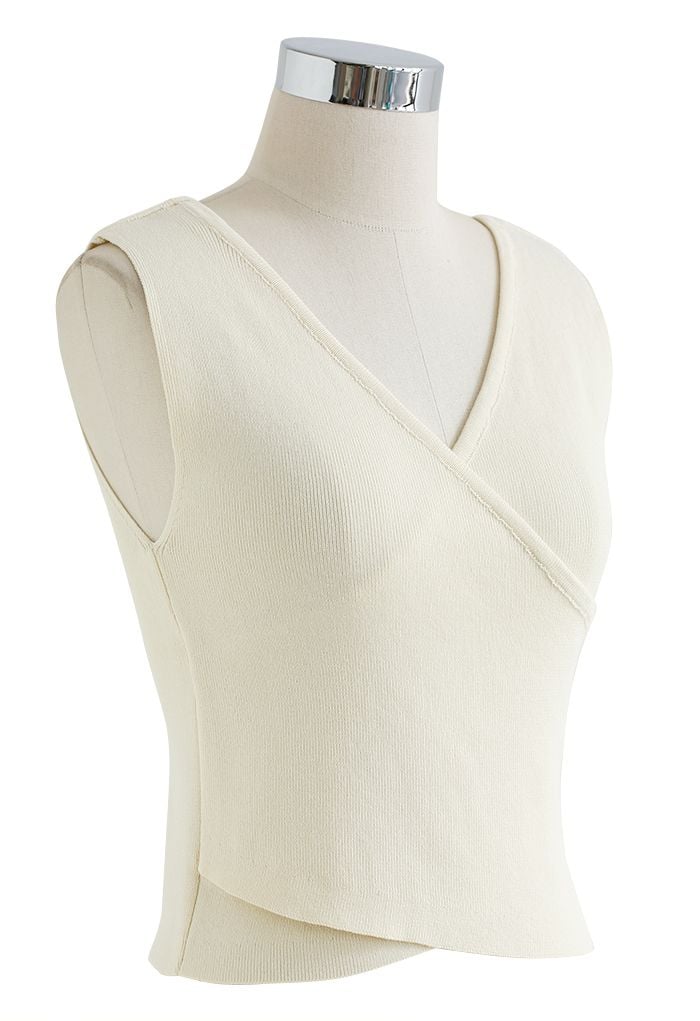 Faux Wrap Knit Tank Top in Cream