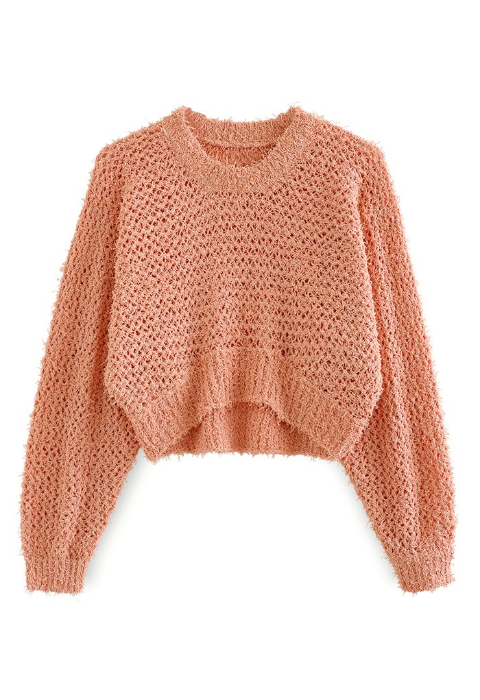 Hollow Out Asymmetric Hem Knit Crop Top in Orange