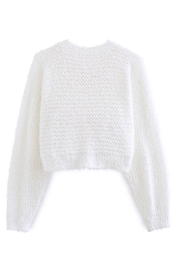 Hollow Out Asymmetric Hem Knit Crop Top in White