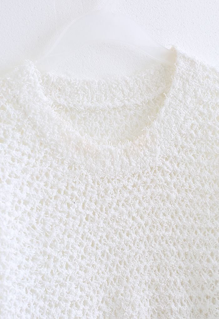 Hollow Out Asymmetric Hem Knit Crop Top in White