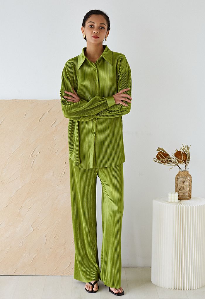 Full Pleated Plisse Shirt and Pants Set in Moss Green - Retro, Indie ...