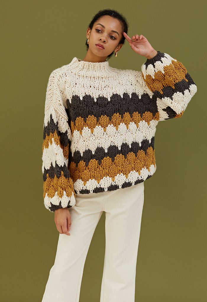 Color Blocked High Neck Hand-Knit Chunky Sweater in Smoke - Retro