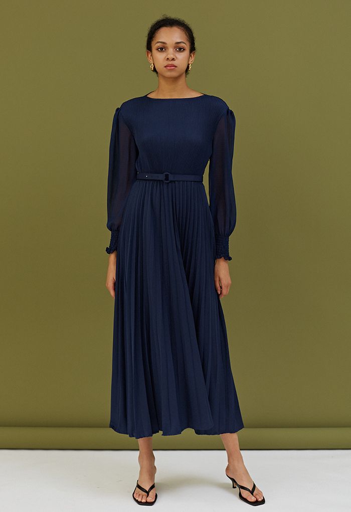Full Pleated Belted Maxi Dress in Navy - Retro, Indie and Unique Fashion